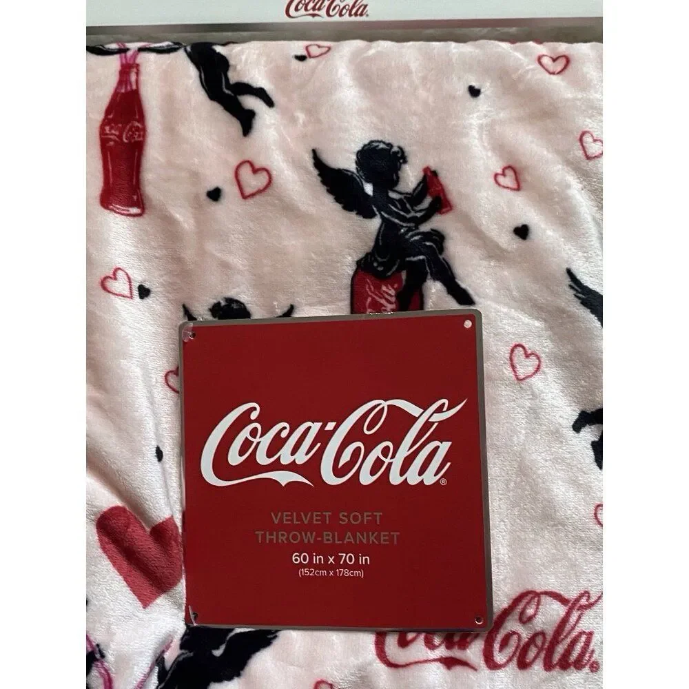 Coca Cola Can Pink Valentines Cupid Hearts Velvet Soft Throw‎ Blanket 60 X 70”